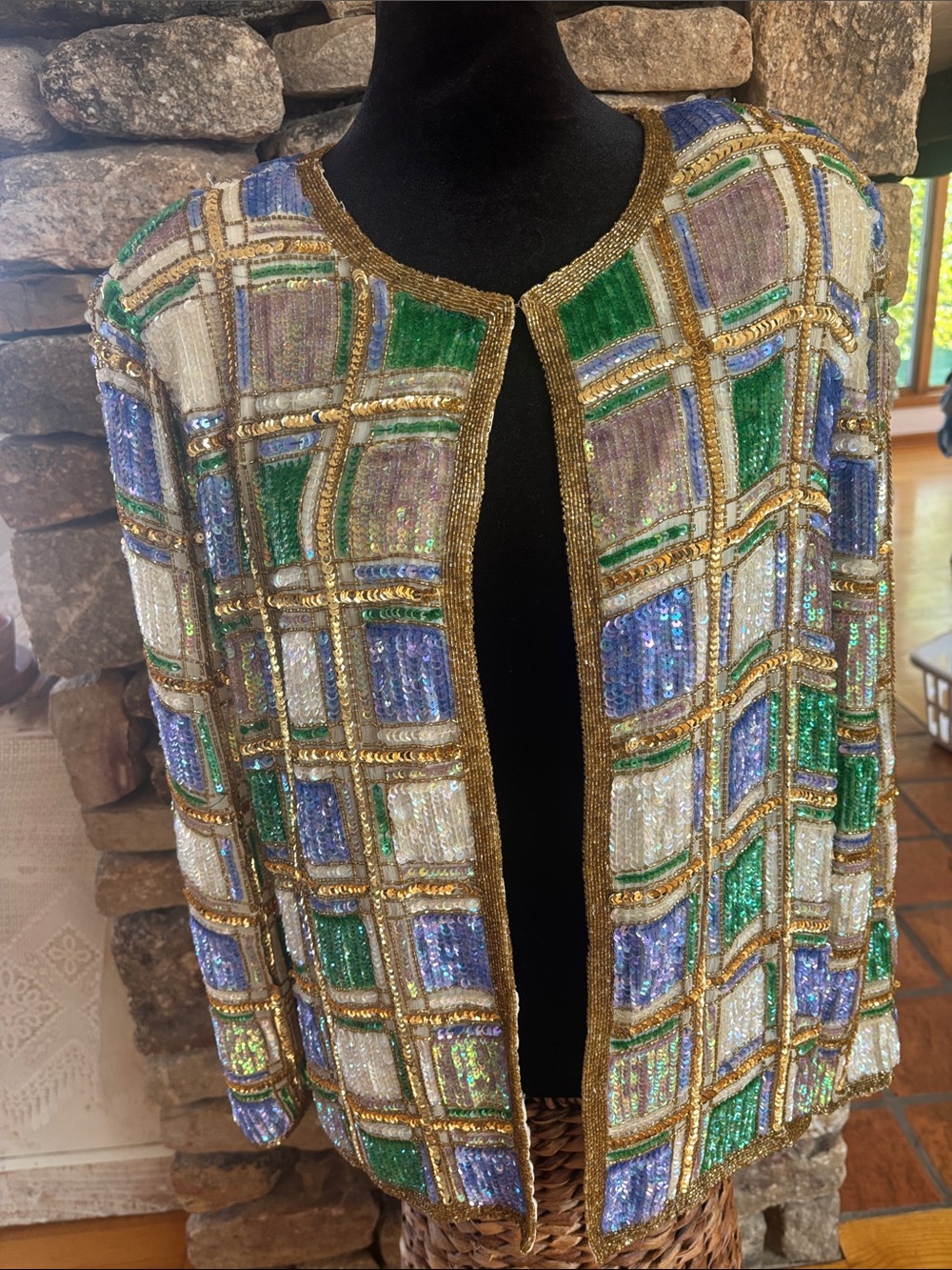 Women’s Beaded Sequin Open-Front Jacket in Green, Blue & Gold 💯 Silk